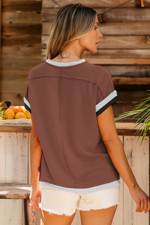 Retro Vibe Contrast Trim Corded Knit Short Sleeve Top